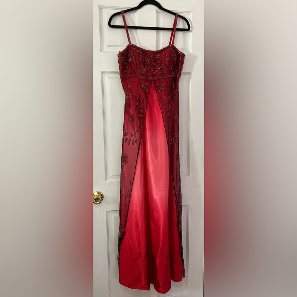 Long Red Formal Dress with Beaded Details
